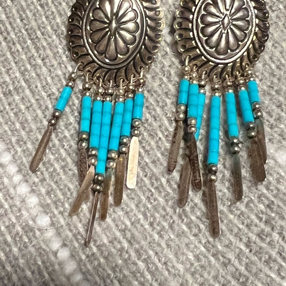 Sterling Southwest Concho Earring Pierced Dangles with turquoise colorTube Bead - Picture 3 of 3